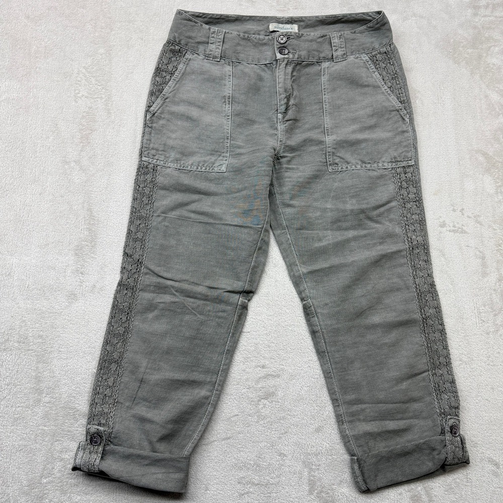 Sundance Pants Women's Petite 10 Cropped Gray Linen Blend Lace Trim Boho Casual